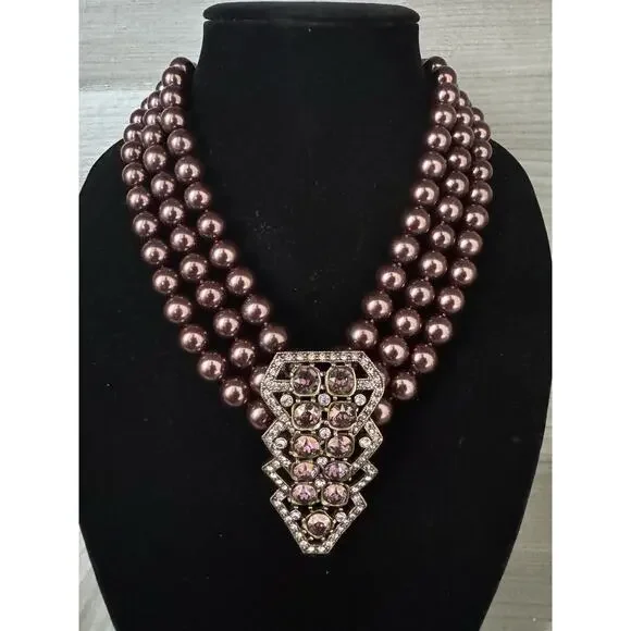 Heidi Daus Aubergine Art Deco Triple Strand Vintage Necklace AB Crystal Pendant - Picture 1 of 16